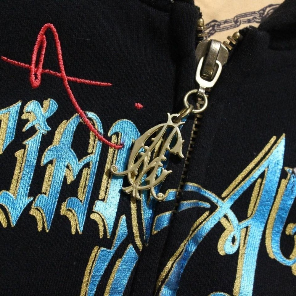 Mens Black VTG Y2K Christian Audigier AOP Rhinestone Zip-up Goth Grunge Hoodie - Picture 5 of 8